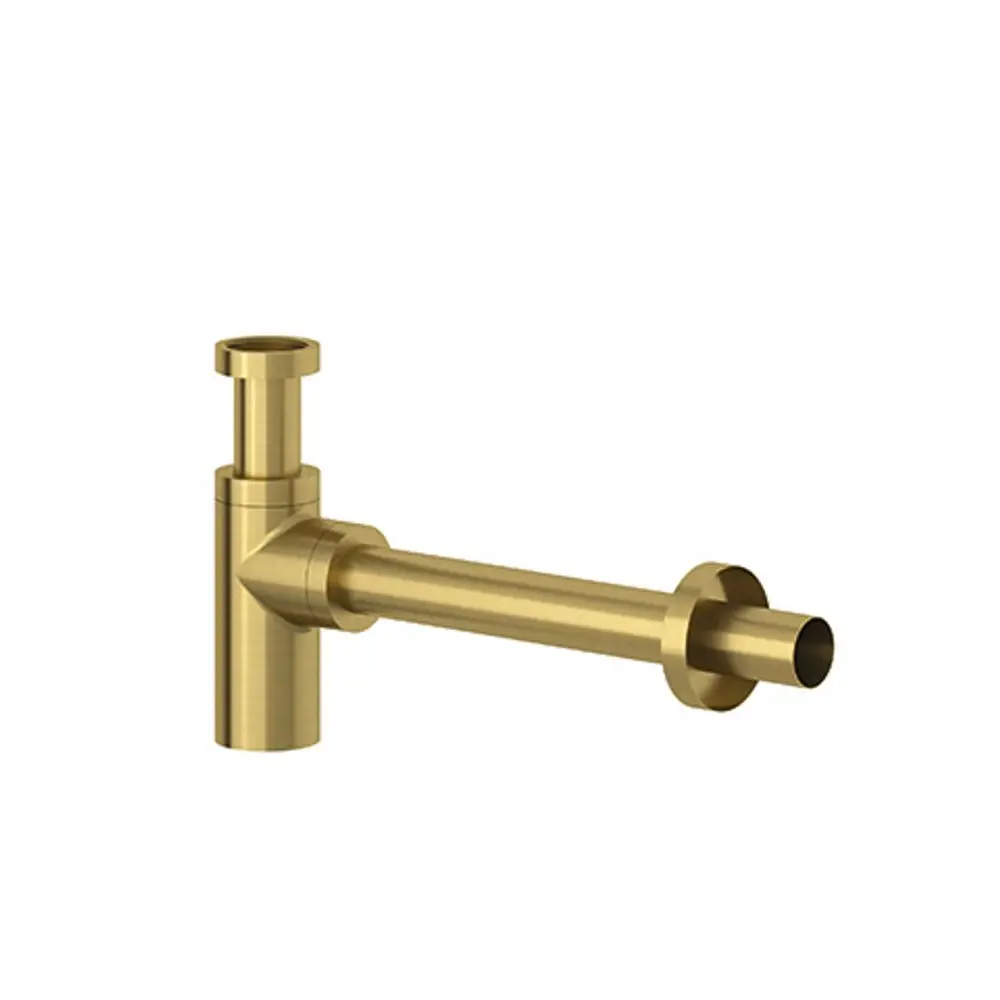 Geruchverschluss aus Metall in gebürstetem Gold mit seitlichem Abflussrohr von Kludi, geeignet für Waschbecken.